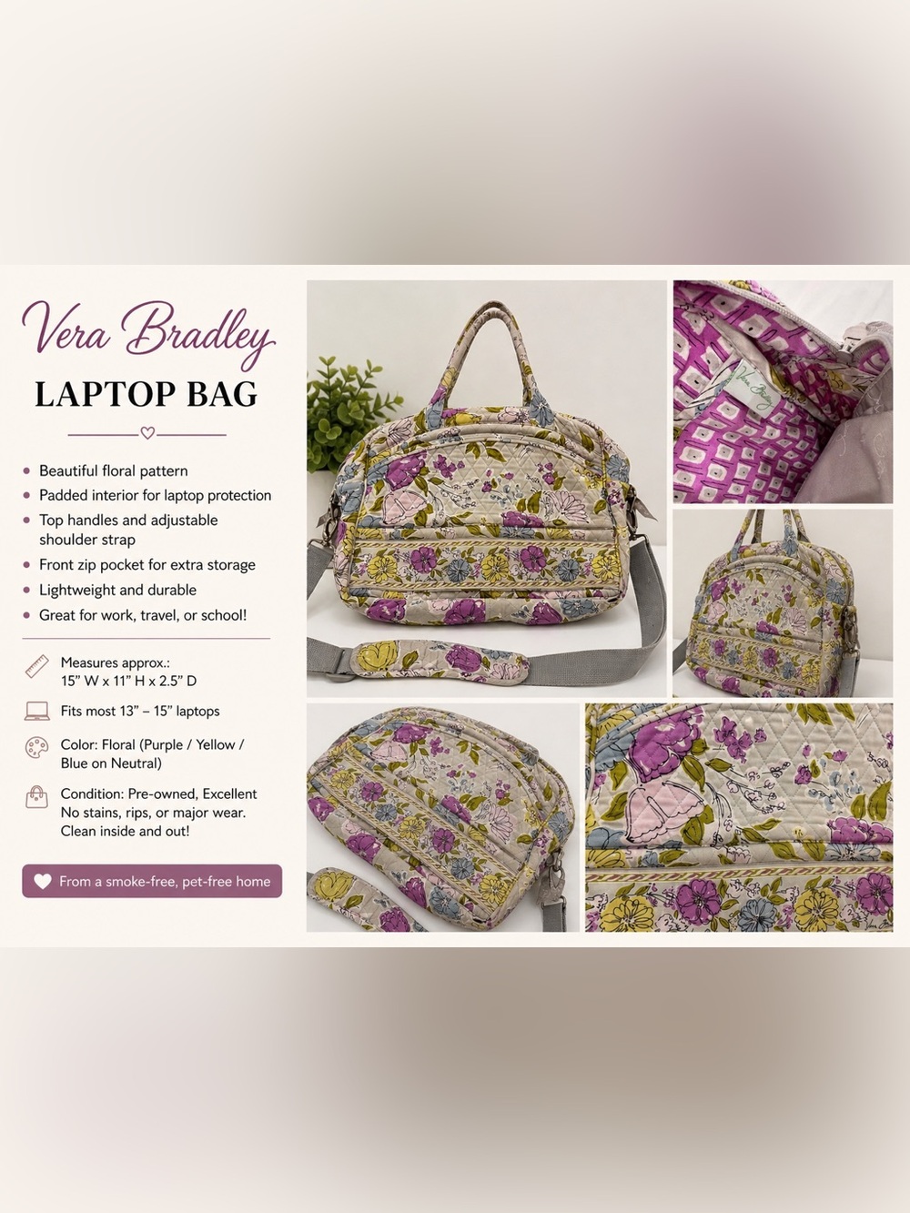 Quilted Floral Weekender Bag - Gray Base with Purple & Yellow Flowers